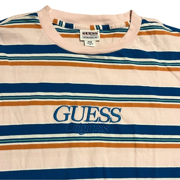 Guess Originals T Shirt Mens M Pastel Striped Embroidered Spellout Tee Pink - Picture 2 of 4